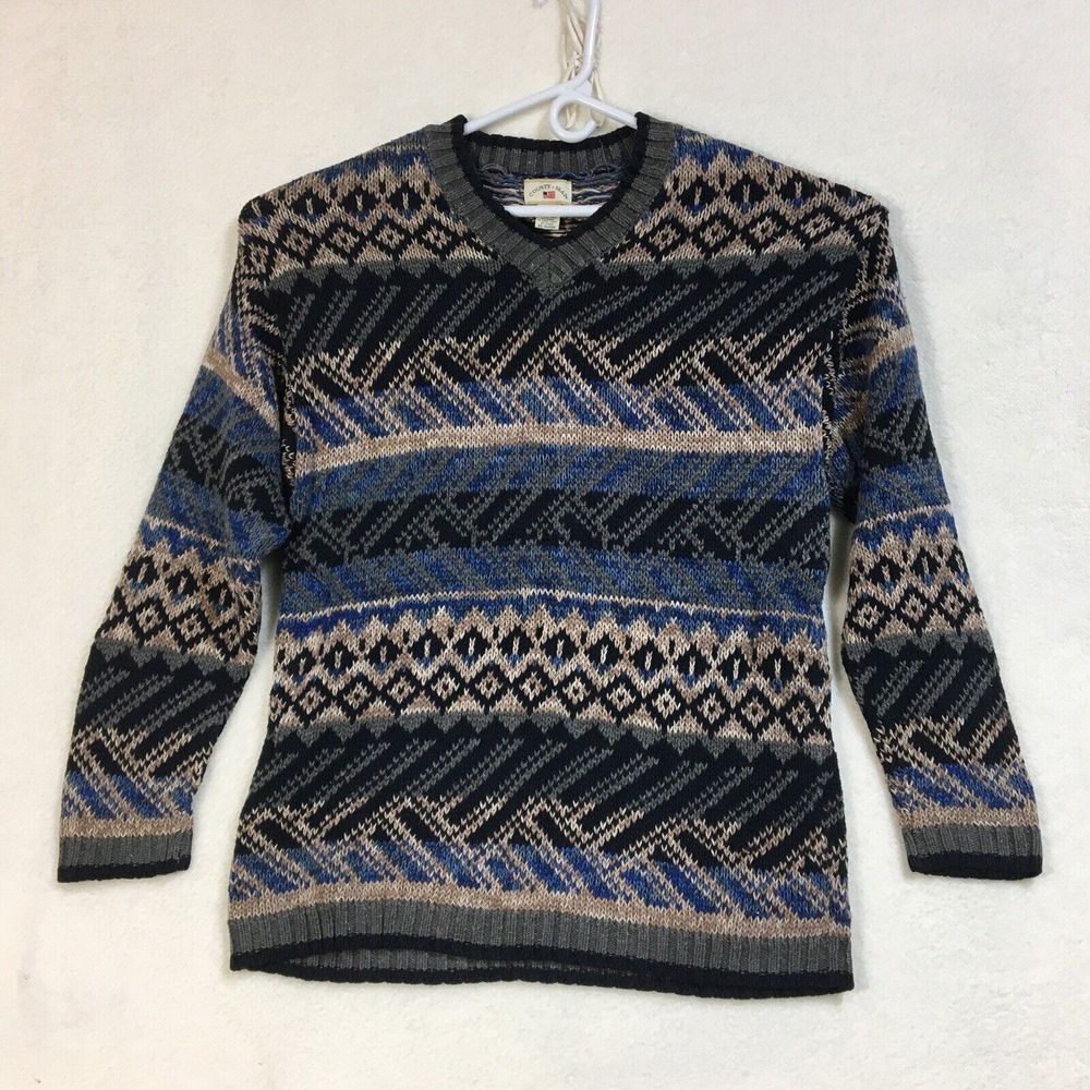 Vintage County Seat Sweater Men Size L Blue Multicolored Fair‎ Isle V Neck